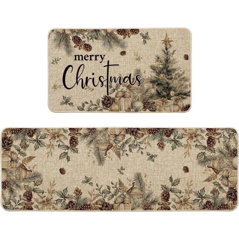 imageArtoid Mode Pinecone Tree Ornament Merry Christmas Kitchen Mats Set of 2 Winter LowProfile Home Decor Kitchen Rugs for Floor 17x29 and 17x47 Inch