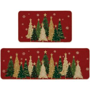Artoid Mode Black Snowflakes Xmas Trees Christmas Kitchen Mats Set of 2, Winter Low-Profile Home Decor Kitchen Rugs for Floor – 17×29 and 17×47 Inch(Red)