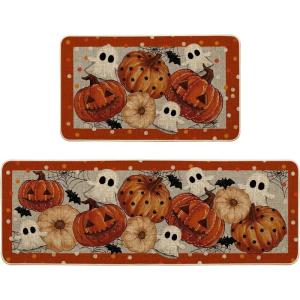 Artoid Mode Orange Ghost Spooky Jack-O’-Lantern Pumpkin Halloween Kitchen Mats Set of 2, Low-Profile Home Decor Kitchen Rugs for Floor – 17×29 and 17×47 Inch(Orange)