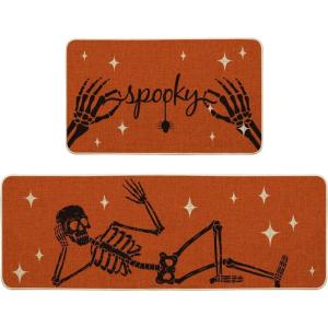 Artoid Mode Spooky Skeleton Spider Bone Orange Halloween Kitchen Mats Set of 2, Black Home Decor Low-Profile Kitchen Rugs for Floor – 17×29 and 17×47 Inch(Orange)