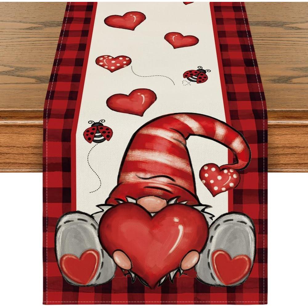 imageArtoid Mode Buffalo Plaid Gnome Valentines Day Table Runner Holiday Kitchen Dining Table Decoration for Home Party Indoor 13x72 InchRed  Black