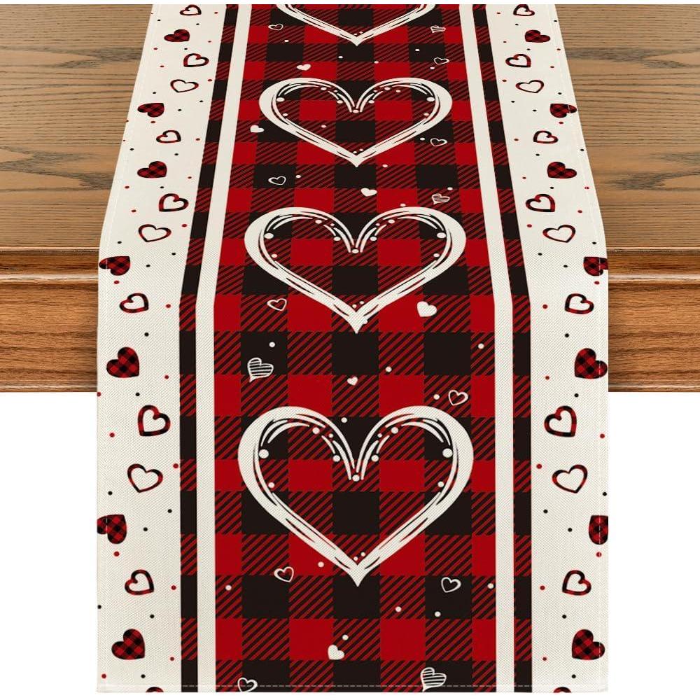 imageArtoid Mode Buffalo Plaid Love Hearts Valentines Day Table Runner Seasonal Kitchen Dining Table Decoration for Indoor Home Party 13x72 InchRed