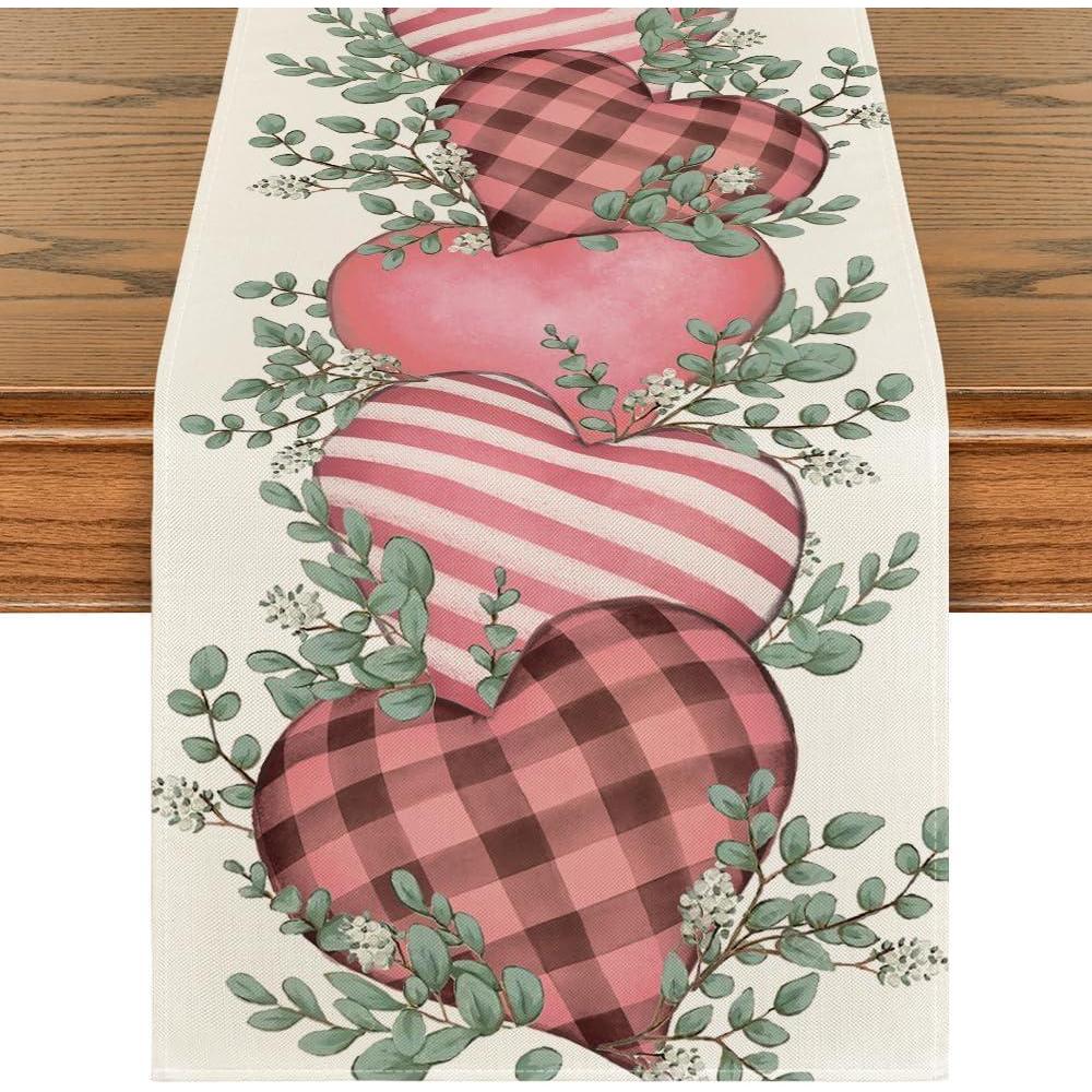 imageArtoid Mode Eucalyptus Hearts Valentines Day Table Runner Holiday Kitchen Dining Table Decoration for Home Party Indoor 13x72 InchPink
