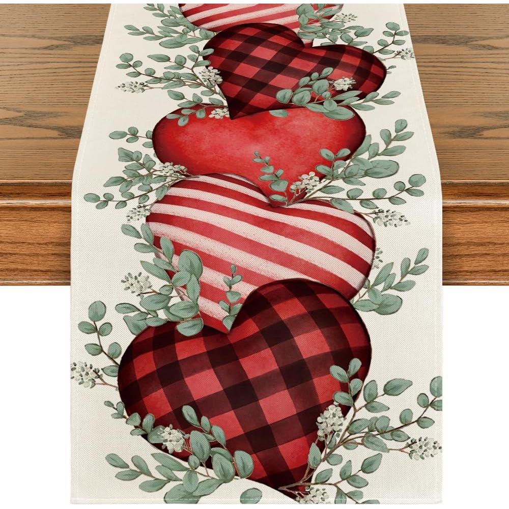 imageArtoid Mode Eucalyptus Hearts Valentines Day Table Runner Holiday Kitchen Dining Table Decoration for Home Party Indoor 13x72 InchRed