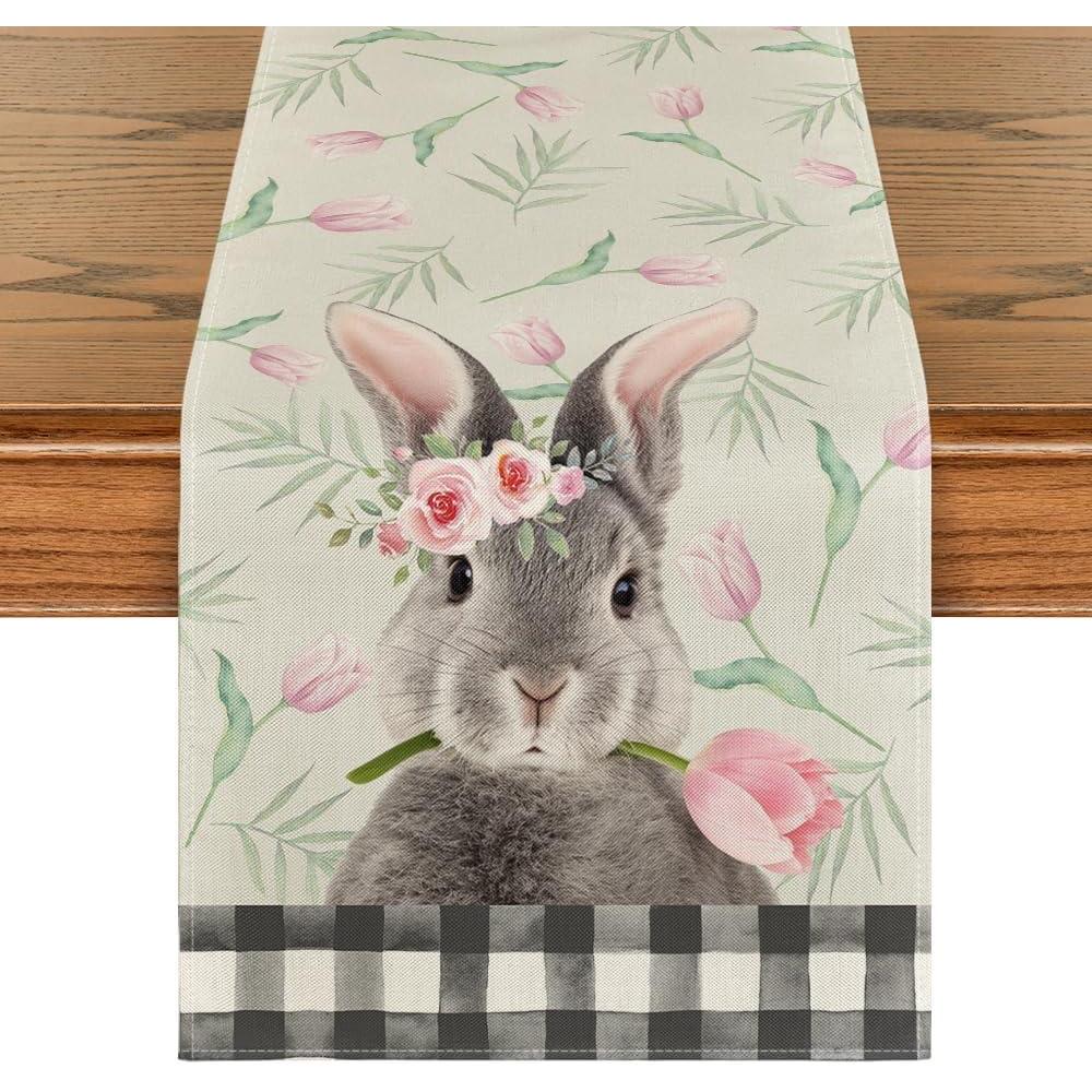 imageArtoid Mode Bunny Rabbit Tulip Flowers Easter Table Runner Seasonal Spring Kitchen Dining Table Decoration for Home Party Decor 13x72 InchGrey