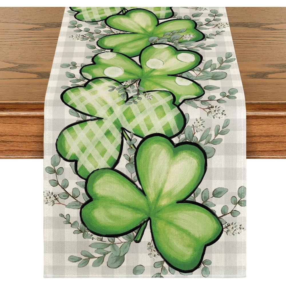 imageArtoid Mode Clover Shamrocks Eucalyptus Buffalo Plaid StPatricks Day Table Runner Seasonal Kitchen Dining Table Runner for Home Party Decor 13x72 InchGreenBuffalo Plaid