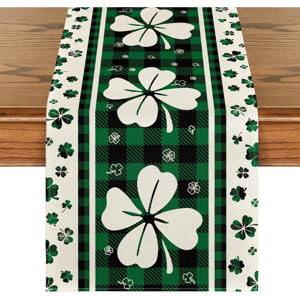 imageArtoid Mode Green Clover Buffalo Plaid Shamrocks StPatricks Day Table Runner Seasonal Kitchen Dining Table Decoration for Indoor Home Party 13x72 InchGreen