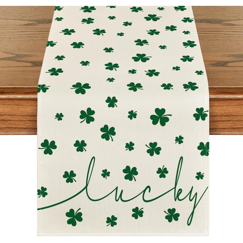 imageArtoid Mode Green Lucky Shamrock St Patricks Day Table Runner Seasonal Spring Holiday Kitchen Dining Table Decoration for Indoor Outdoor Home Party Decor 13 x 72 InchBeige