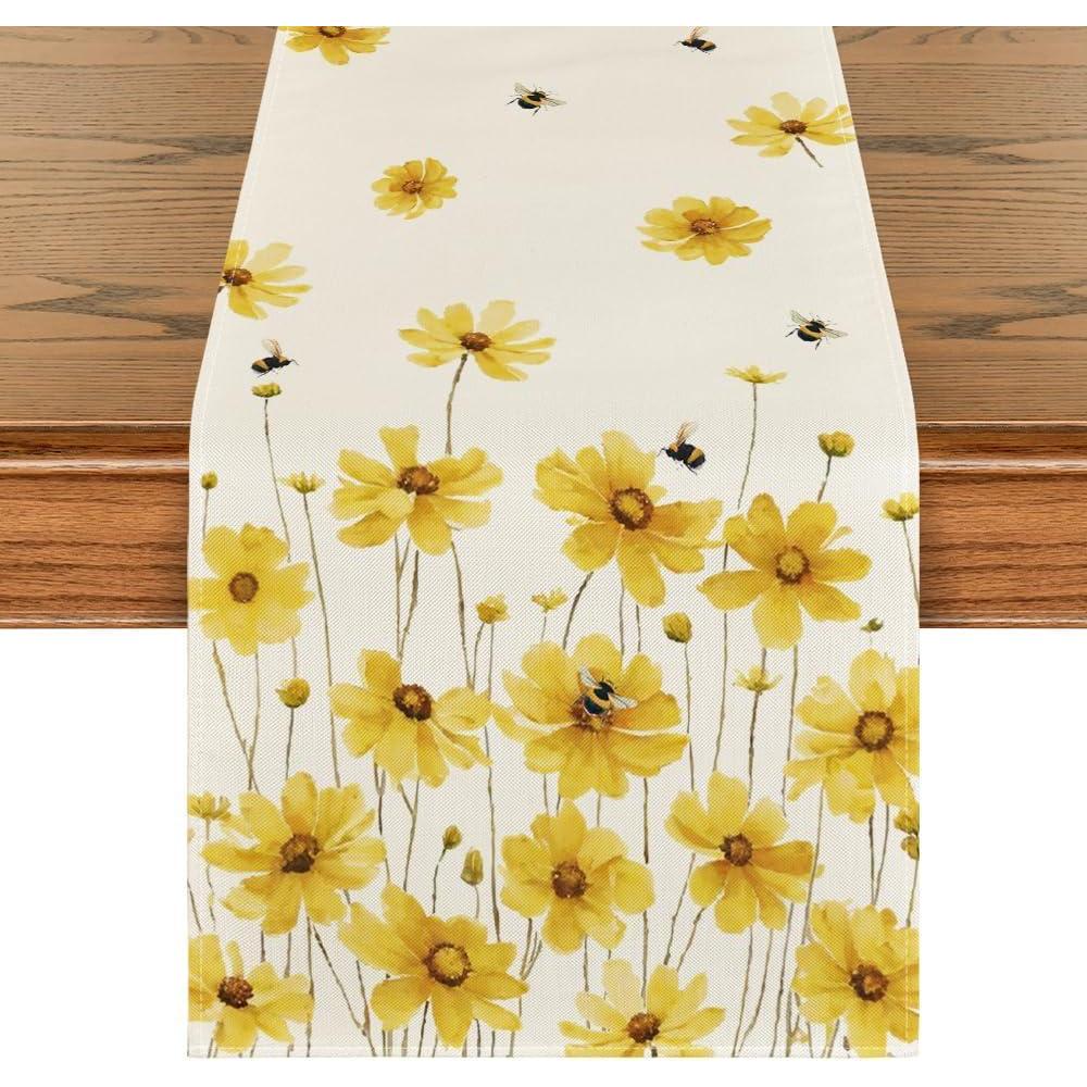 imageArtoid Mode Yellow Flowers Daisy Bees Summer Table Runner Seasonal Easter Fall Holiday Kitchen Dining Table Decoration for Home Party Indoor 13x72 InchYellow