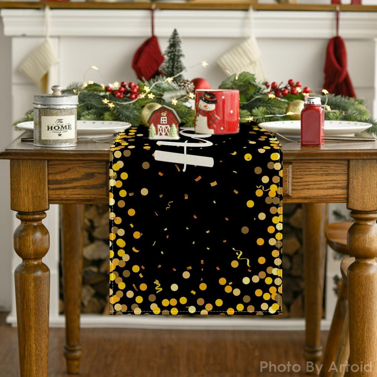 imageArtoid Mode Black and Golden Polka Dot 2026 Happy New Year Table Runner Festival Kitchen Dining Table Decoration for Home Party Decor 13x72 Inch