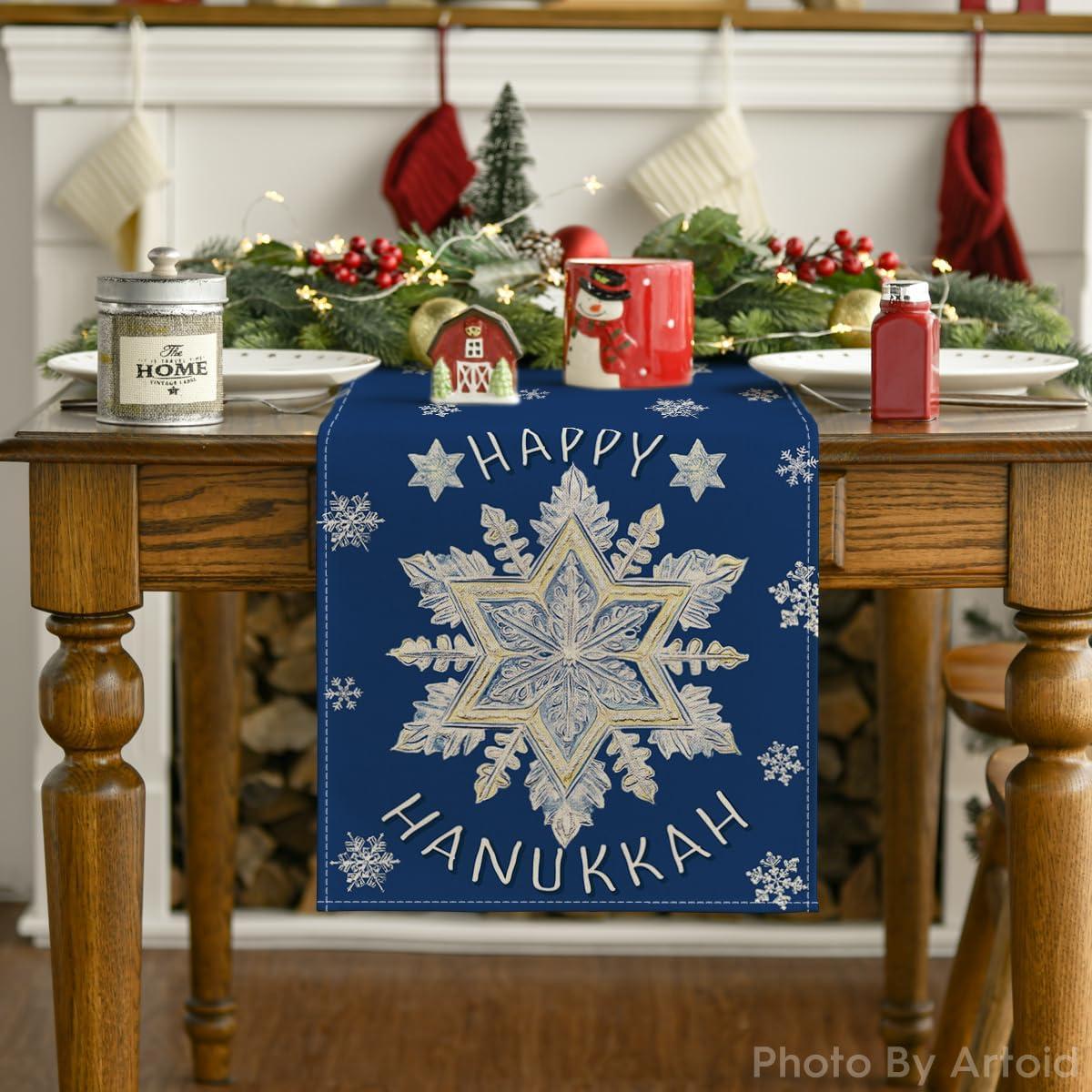 imageArtoid Mode Blue Snowflakes Happy Hanukkah Table Runner Chanukah Kitchen Dining Table Decoration for Home Party Decor 13x72 Inch