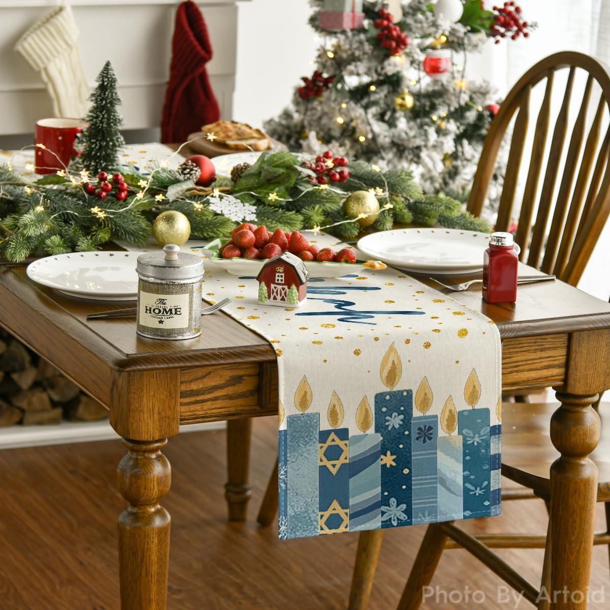 imageArtoid Mode Polka Dot Watercolor Candles Hanukkah Table Runner Chanukah Kitchen Dining Table Decoration for Outdoor Home Party 13x72 Inch