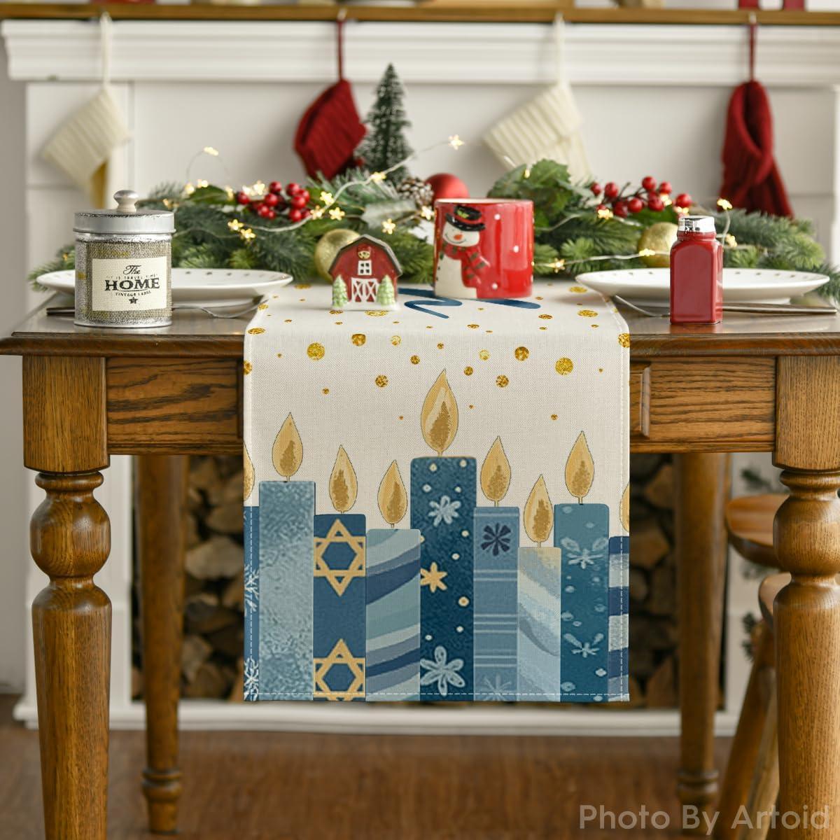 imageArtoid Mode Polka Dot Watercolor Candles Hanukkah Table Runner Chanukah Kitchen Dining Table Decoration for Outdoor Home Party 13x72 Inch