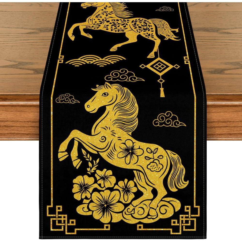 imageArtoid Mode Black Golden Chinese Zodiac Horse 2026 Happy Lunar New Year Table Runner Spring Festival Winter Kitchen Dining Table Decoration for Home Party 13x72 InchBlack