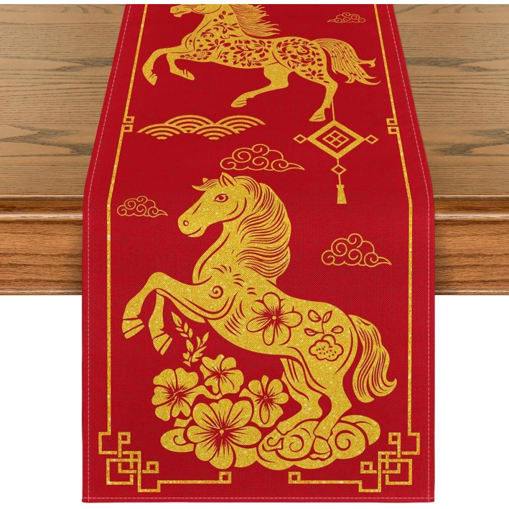 imageArtoid Mode Black Golden Chinese Zodiac Horse 2026 Happy Lunar New Year Table Runner Spring Festival Winter Kitchen Dining Table Decoration for Home Party 13x72 InchRed