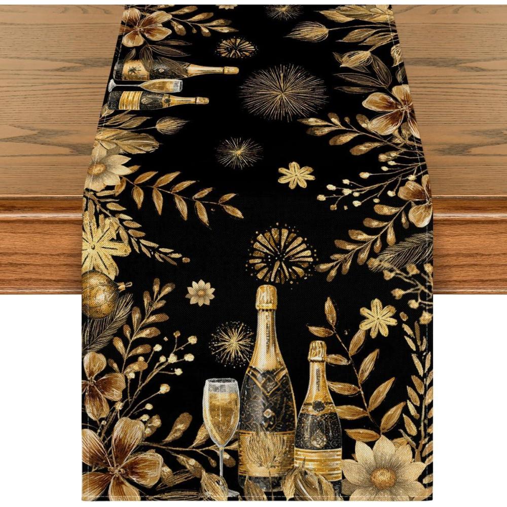 imageArtoid Mode Black and Golden Floral Fireworks Champagne 2026 Happy New Year Table Runner Festival Kitchen Dining Table Decoration for Home Party Decor 13x72 Inch