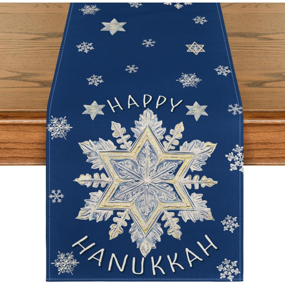 imageArtoid Mode Blue Snowflakes Happy Hanukkah Table Runner Chanukah Kitchen Dining Table Decoration for Home Party Decor 13x72 Inch