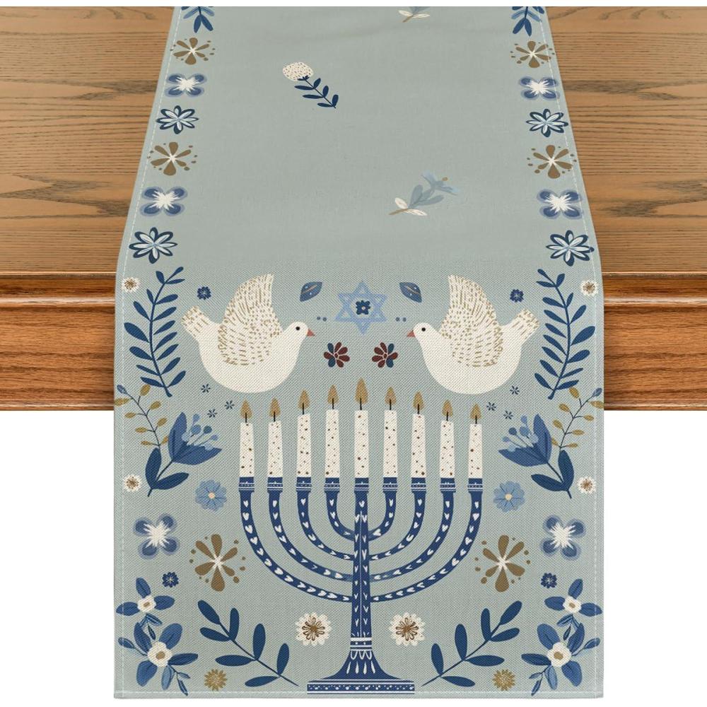 imageArtoid Mode Doves Candle Olives Menorah Hanukkah Table Runner Chanukah Kitchen Dining Table Decoration for Home Party Decor 13x72 Inch