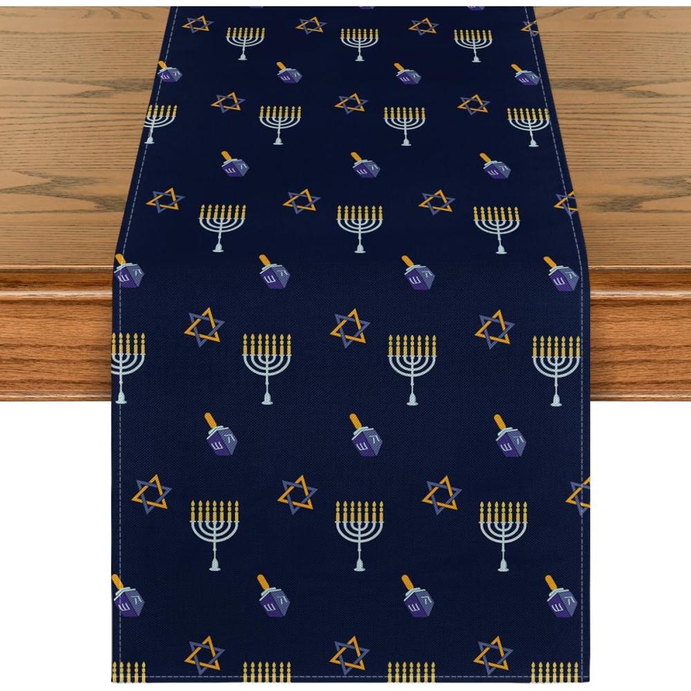 imageArtoid Mode Dreidel Menorah Stars Hanukkah Table Runner Chanukah Kitchen Dining Table Decoration for Outdoor Home Party 13x72 Inch