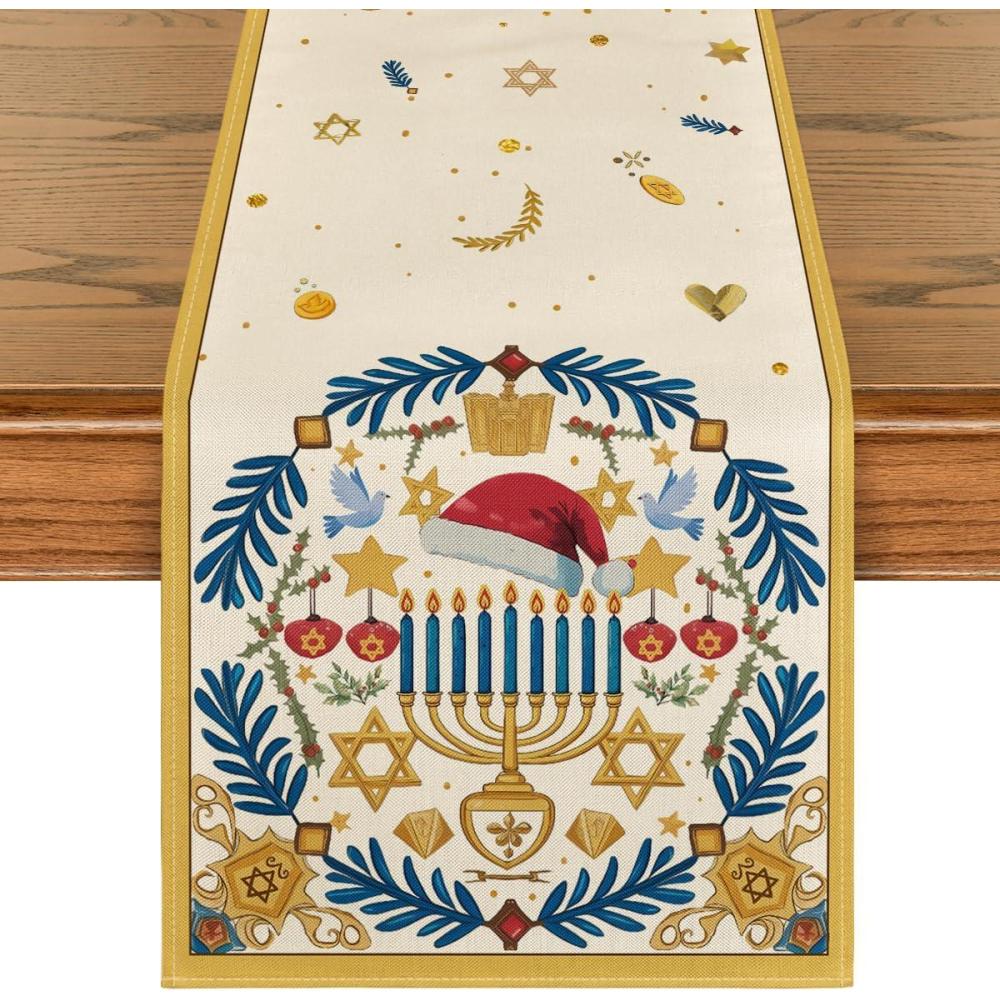 imageArtoid Mode Olives Menorah Stars Hanukkah Table Runner Xmas Hat Kitchen Dining Table Decoration for Home Party Decor 13x72 Inch