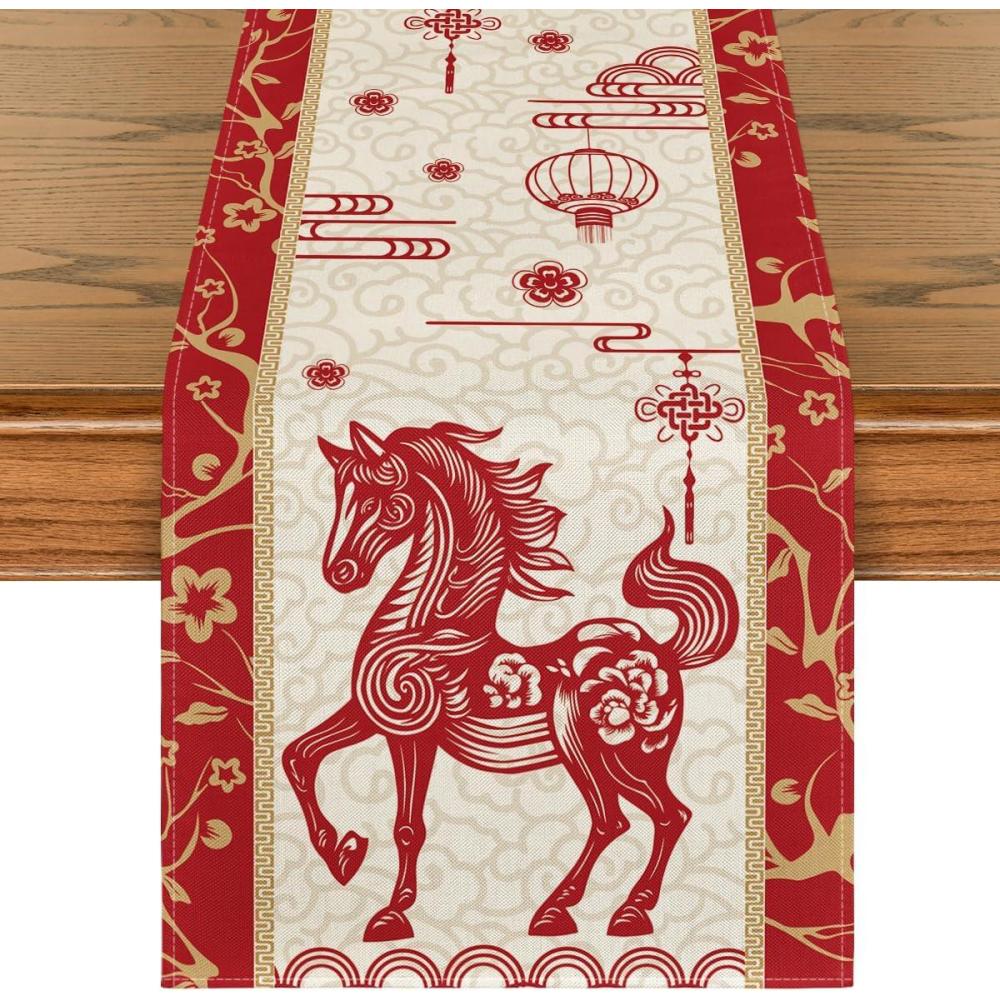 imageArtoid Mode Paper Cutting Style Chinese Zodiac Horse Happy 2026 Lunar New Year Table Runner Spring Festival Winter Kitchen Dining Table Decoration for Home Party 13x72 InchBeige