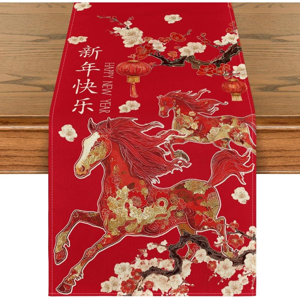 imageArtoid Mode Plum Blossom Chinese Zodiac Horse Happy 2026 Lunar New Year Table Runner Spring Festival Winter Kitchen Dining Table Decoration for Home Party 13x72 Inch