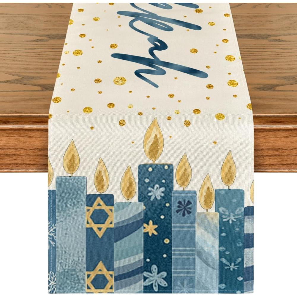 imageArtoid Mode Polka Dot Watercolor Candles Hanukkah Table Runner Chanukah Kitchen Dining Table Decoration for Outdoor Home Party 13x72 Inch