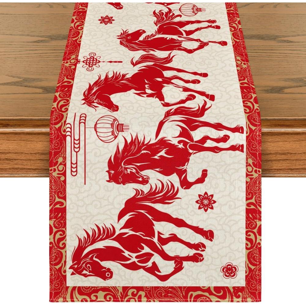 imageArtoid Mode Propitious Clouds Chinese Zodiac Horse Happy 2026 Lunar New Year Table Runner Spring Festival Winter Kitchen Dining Table Decoration for Home Party 13x72 Inch