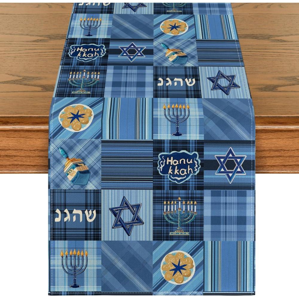 imageArtoid Mode Retro Blue Checks Stars Menorah Hanukkah Table Runner Chanukah Kitchen Dining Table Decoration for Home Party Decor 13x72 Inch