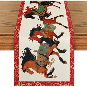Artoid Mode Colorful Steeds Chinese Zodiac Horse Happy 2026 Lunar New Year Table Runner, Spring Festival Winter Kitchen Dining Table Decoration for Home Party 13×72 Inch
