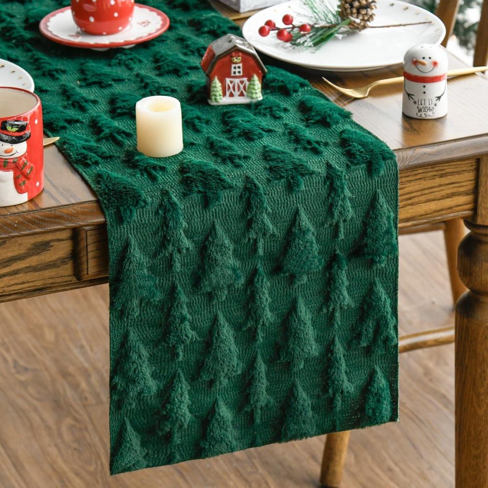 imageArtoid Mode Green Christmas Trees Soft Plush Faux Fur Jacquard Christmas Table Runner Holiday Kitchen Dining Table Decoration for Home Party Decor 13x72 InchGreen