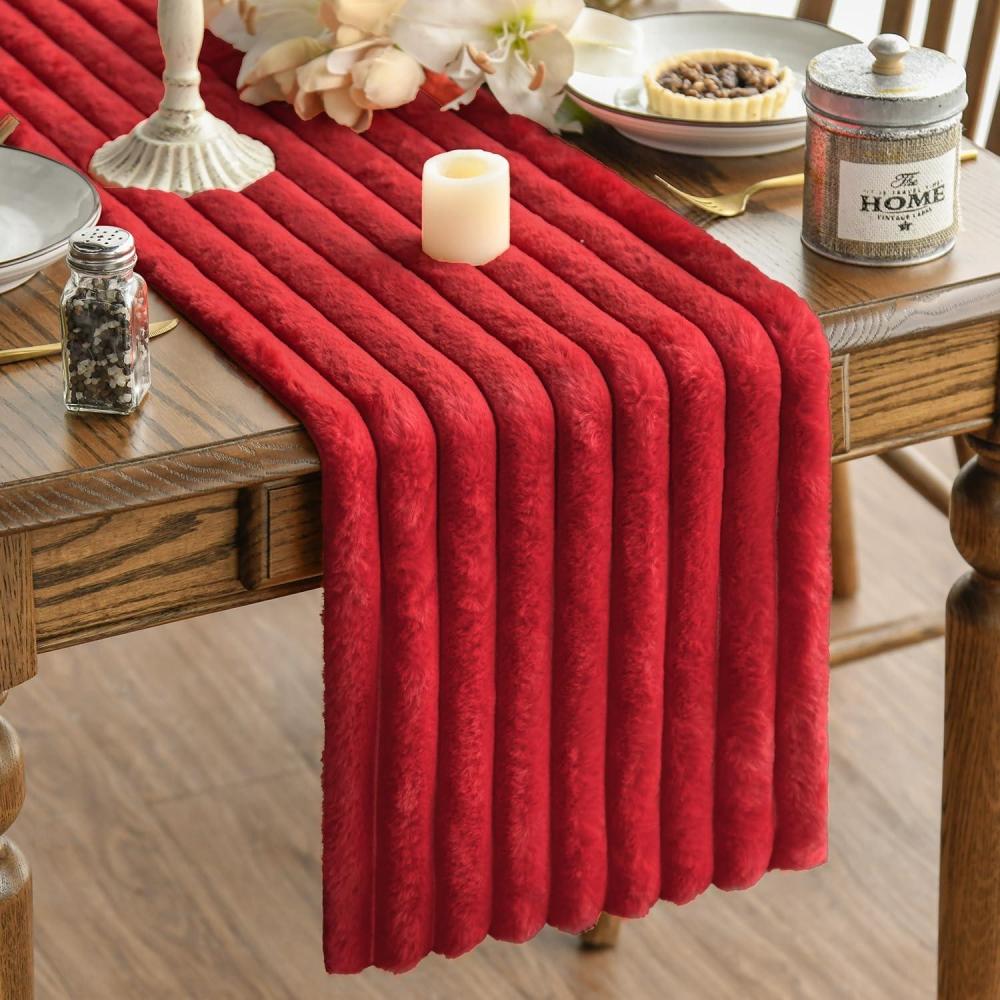 imageArtoid Mode Red Soft Plush Faux Fur Jacquard Table Runner Holiday Seasonal Kitchen Dining Table Decoration for Home Party Decor 13x72 InchRed
