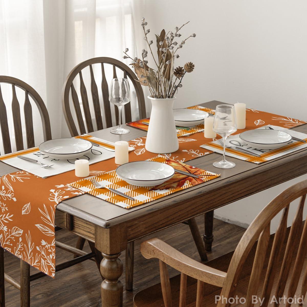 imageArtoid Mode Hello Fall Pumpkin Maple Leaves Buffalo Plaid Placemats for Dining Table 12 x 18 Inch Seasonal Harvest Holiday Rustic Vintage Thanksgiving Washable Table Mats Set of 4Orange