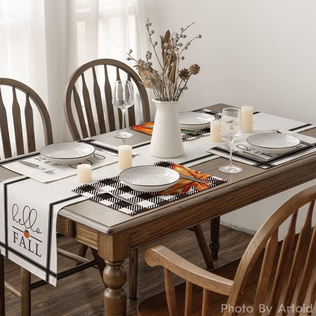 imageArtoid Mode Hello Fall Pumpkin Maple Leaves Buffalo Plaid Placemats for Dining Table 12 x 18 Inch Seasonal Harvest Holiday Rustic Vintage Thanksgiving Washable Table Mats Set of 4Black