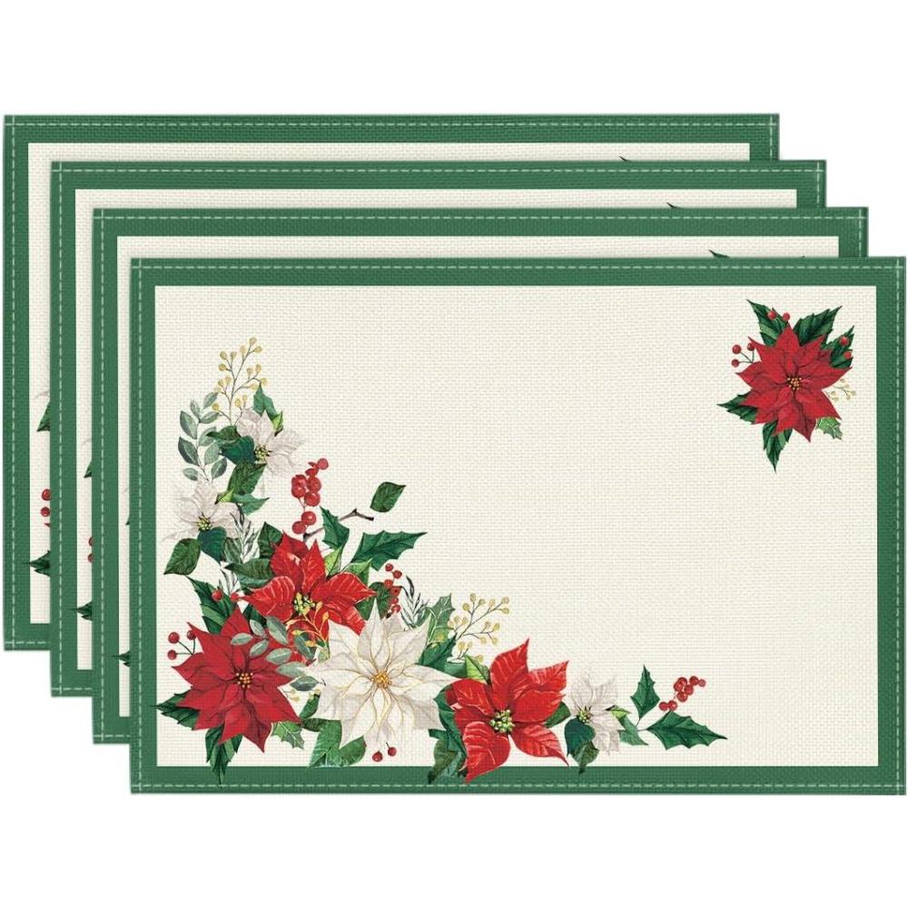 imageArtoid Mode Beige Leaves Poinsettia Round Placemats Set of 4 14 Inch Christmas Round Table Mats for Dining DecorationGreen