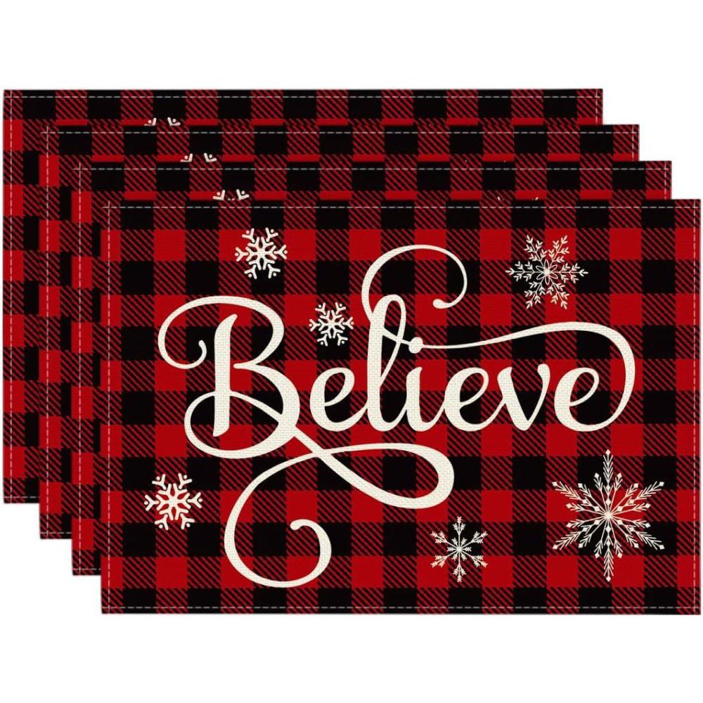 imageArtoid Mode Christmas Believe Buffalo Check Plaid Placemat for Dining Table 12 x 18 Inch Winter Holiday Rustic Washable Table Mat Set of 4RedBlack