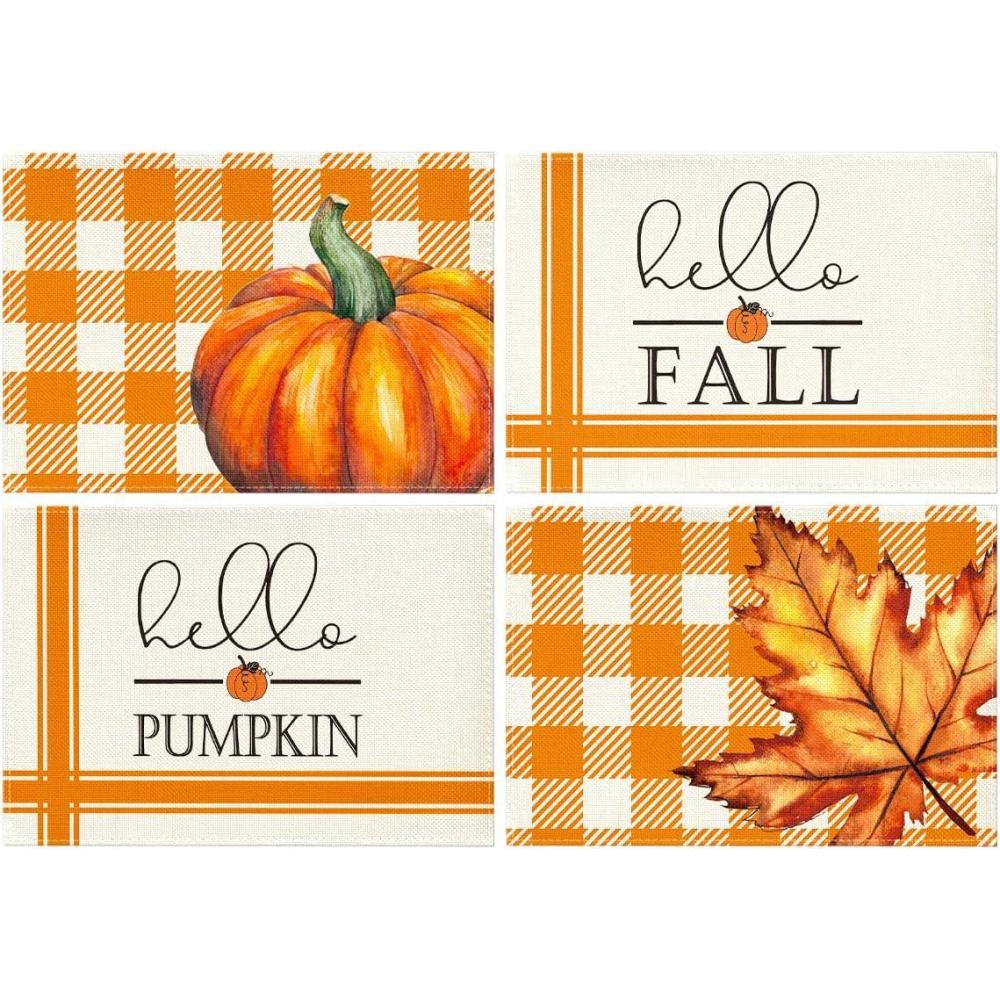 imageArtoid Mode Hello Fall Pumpkin Maple Leaves Buffalo Plaid Placemats for Dining Table 12 x 18 Inch Seasonal Harvest Holiday Rustic Vintage Thanksgiving Washable Table Mats Set of 4Orange
