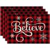 Artoid Mode Christmas Believe Buffalo Check Plaid Placemat for Dining Table, 12 x 18 Inch Winter Holiday Rustic Washable Table Mat Set of 4(Red/Black)