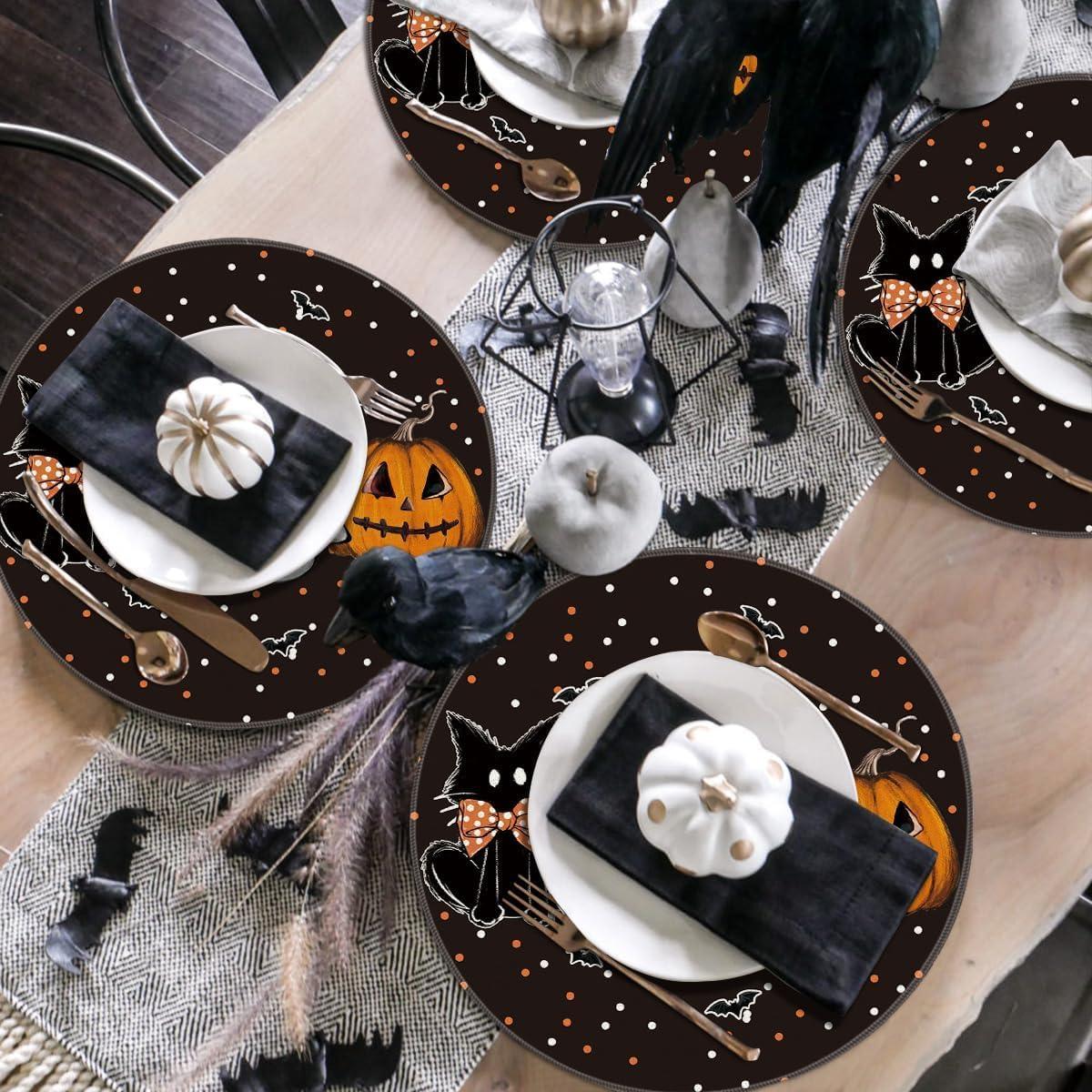 imageArtoid Mode Ghost Cat Halloween Round Placemats Set of 6 14 Inch Table Mats for Party Kitchen DiningBlack