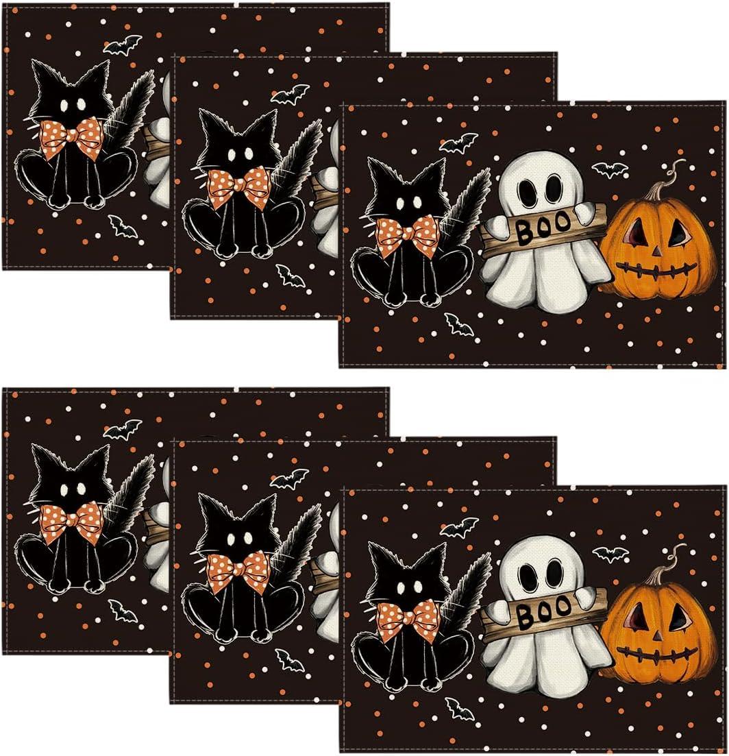 imageArtoid Mode Ghost Cat Halloween Round Placemats Set of 6 14 Inch Table Mats for Party Kitchen DiningBlack