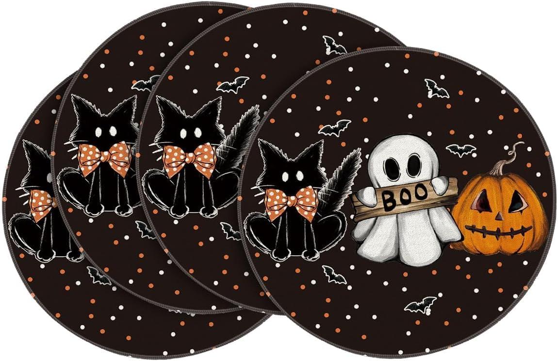 imageArtoid Mode Ghost Cat Halloween Round Placemats Set of 6 14 Inch Table Mats for Party Kitchen DiningBlack