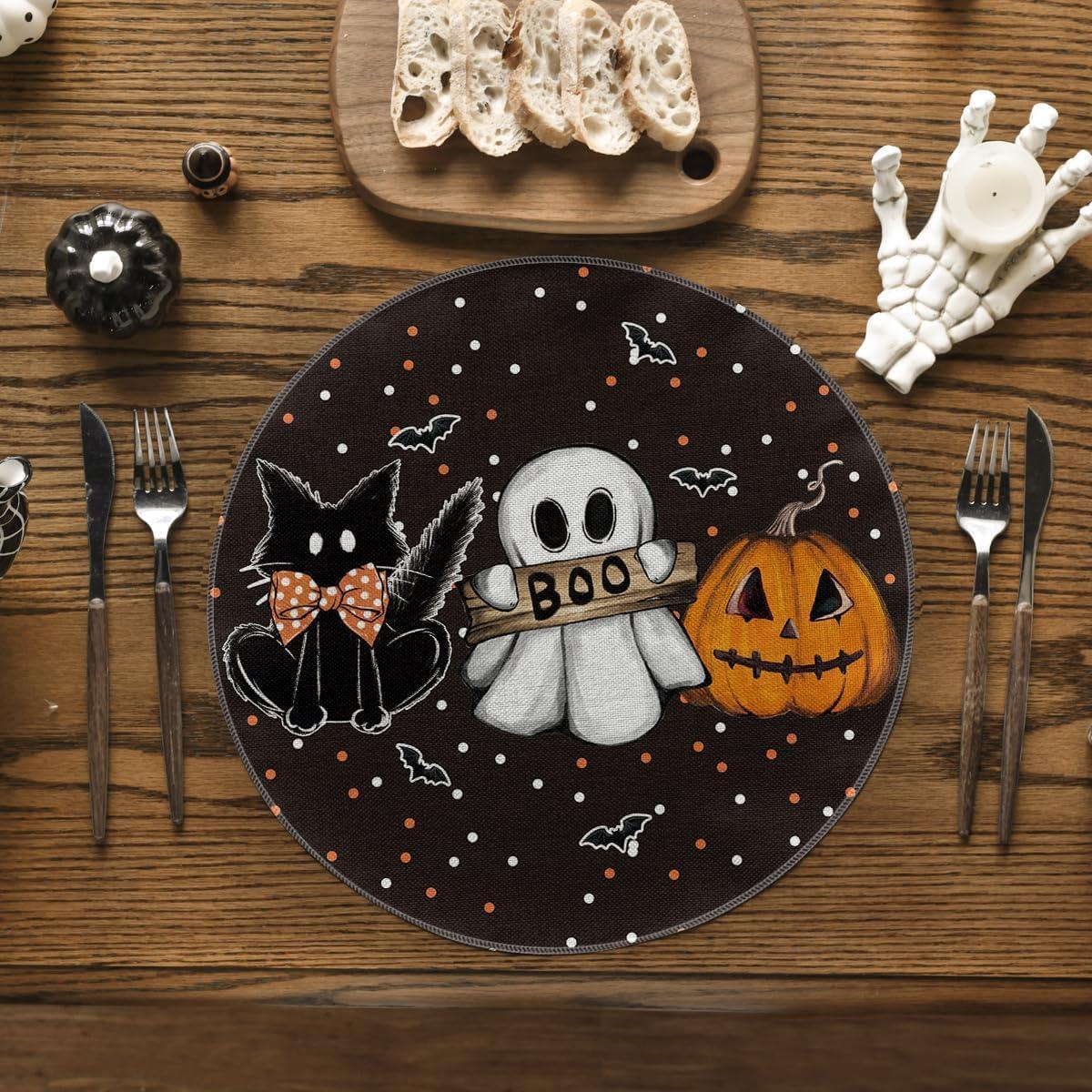 imageArtoid Mode Ghost Cat Halloween Round Placemats Set of 6 14 Inch Table Mats for Party Kitchen DiningBlack