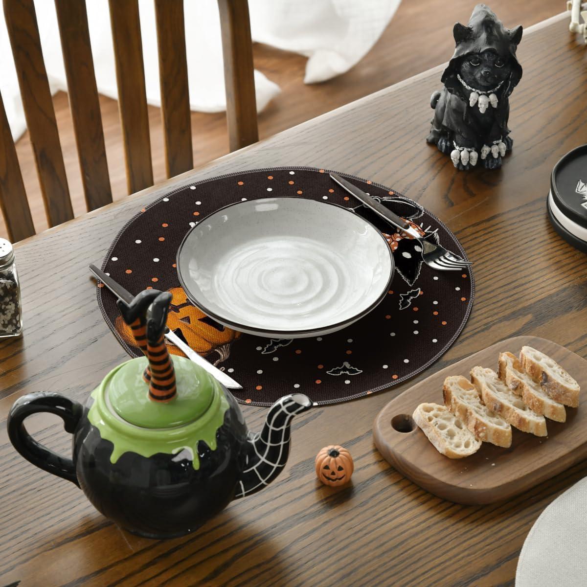 imageArtoid Mode Ghost Cat Halloween Round Placemats Set of 6 14 Inch Table Mats for Party Kitchen DiningBlack