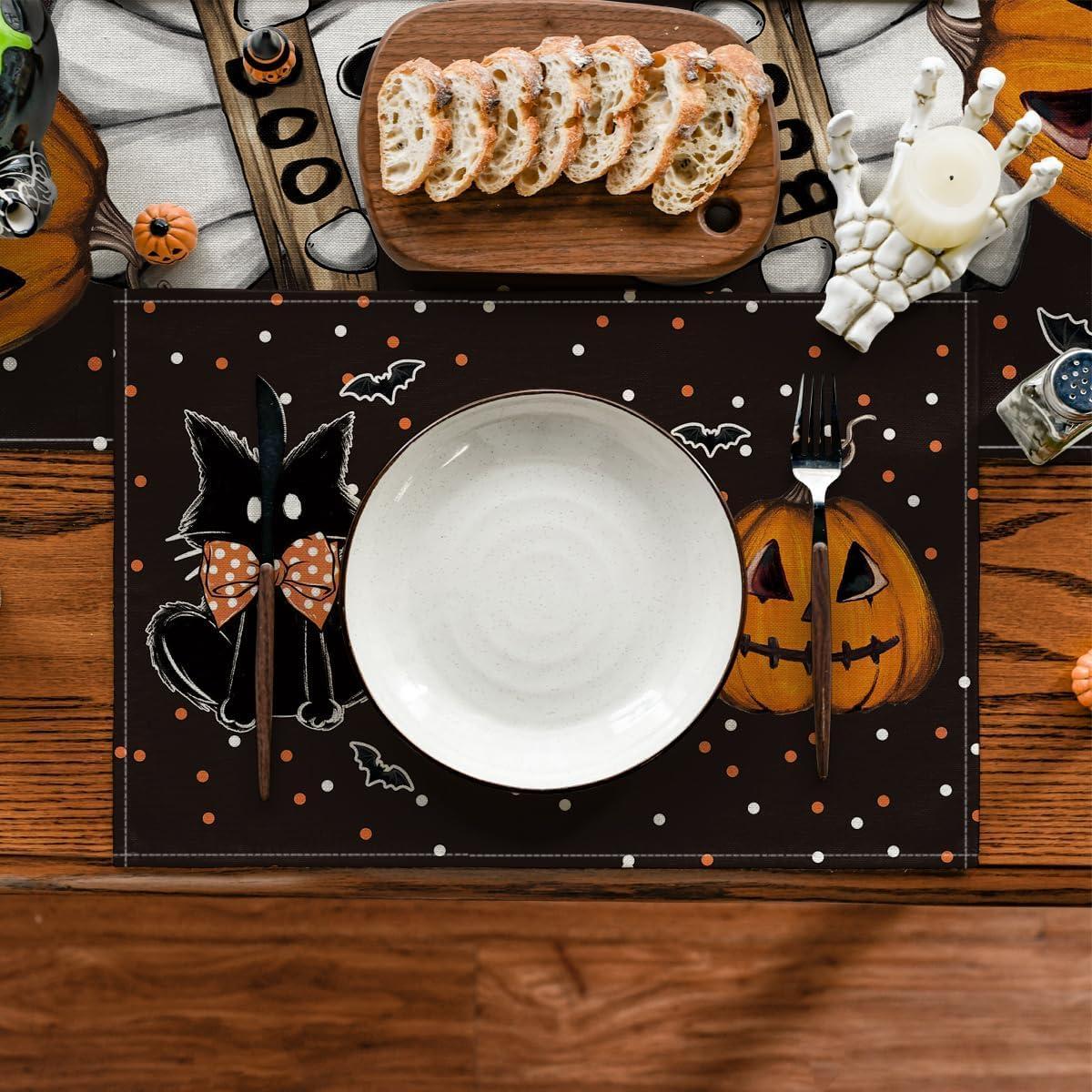 imageArtoid Mode Ghost Cat Halloween Round Placemats Set of 6 14 Inch Table Mats for Party Kitchen DiningBlack