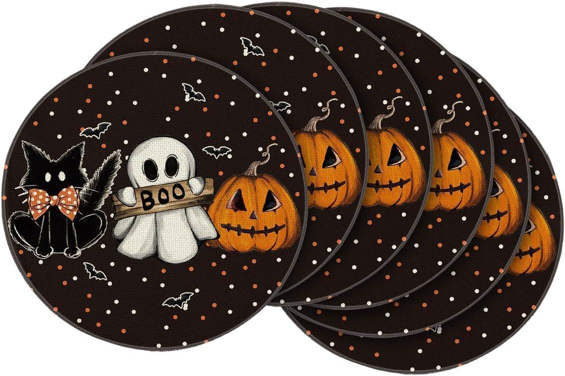 imageArtoid Mode Ghost Cat Halloween Round Placemats Set of 6 14 Inch Table Mats for Party Kitchen DiningBlack