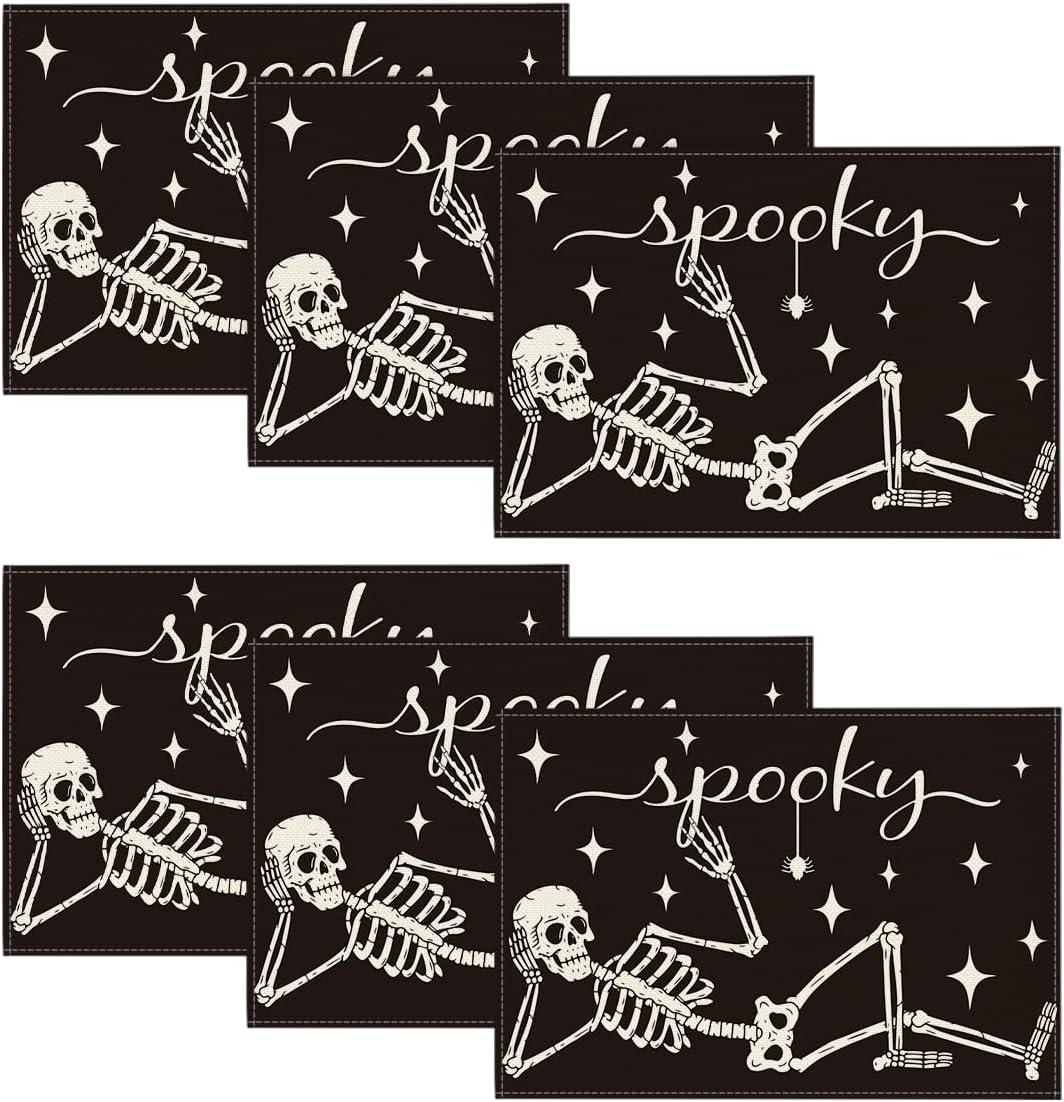 imageArtoid Mode Spooky Skeleton Halloween Placemats Set of 4 12x18 Inch Seasonal Table Mats for Party Kitchen Dining DecorationBlackBeige