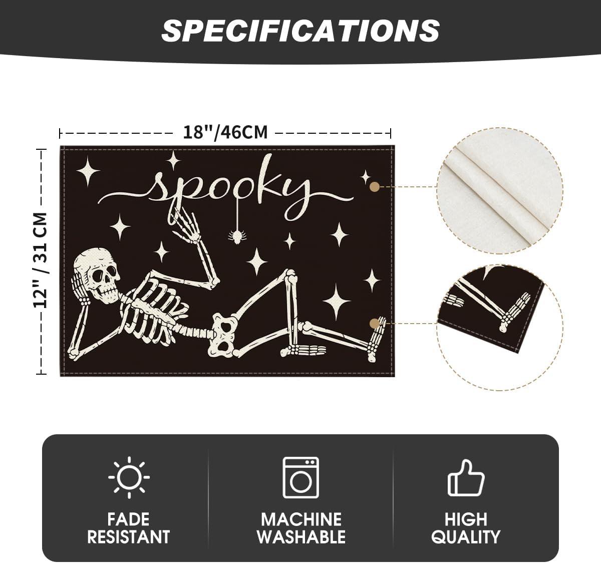 imageArtoid Mode Spooky Skeleton Halloween Placemats Set of 4 12x18 Inch Seasonal Table Mats for Party Kitchen Dining DecorationBlackBeige