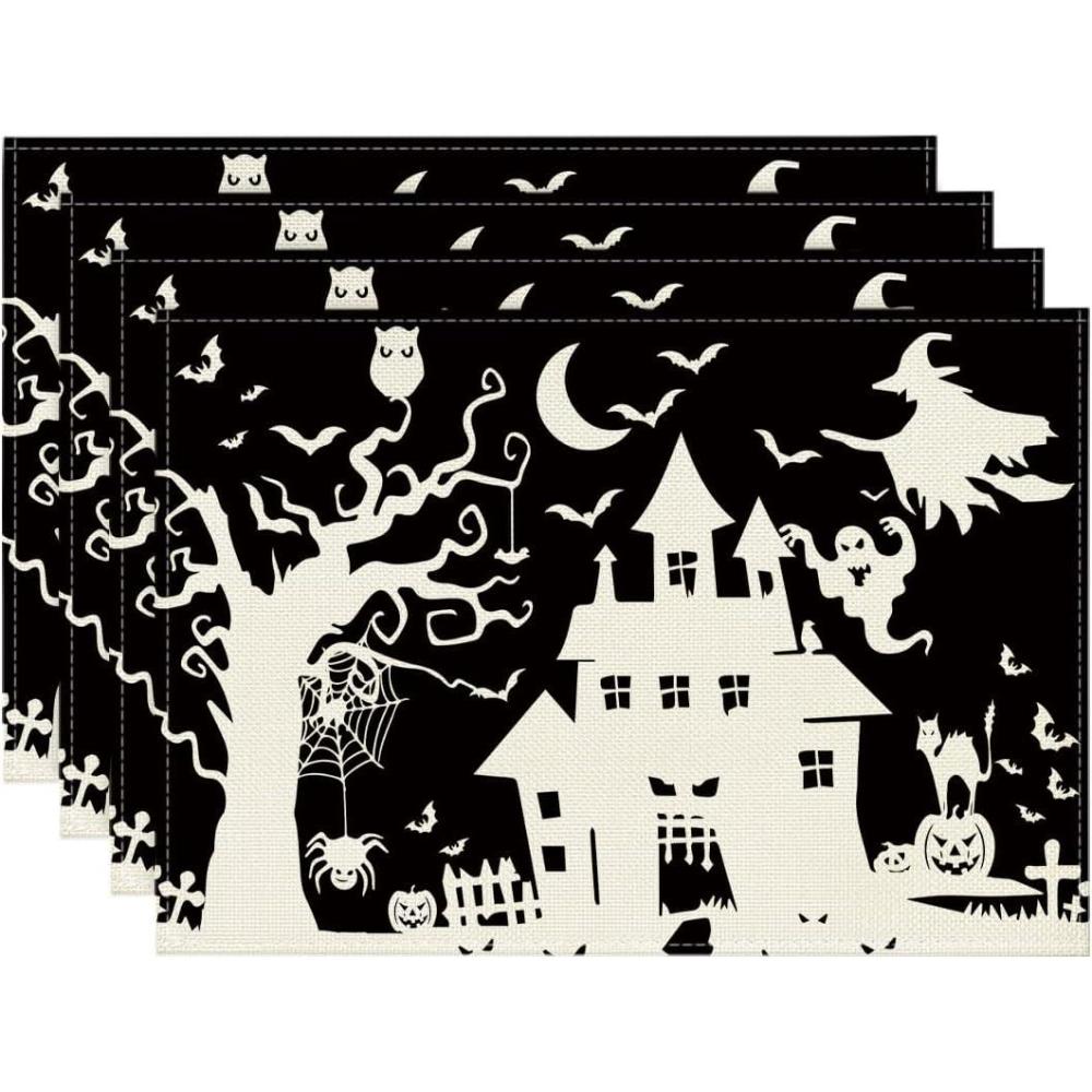 imageArtoid Mode Black White Spooky Haunted House Tree Ghost Witch Halloween Placemats Set of 4 12x18 Inch Seasonal Fall Holiday Table Mats for Party Kitchen Dining DecorationBlack