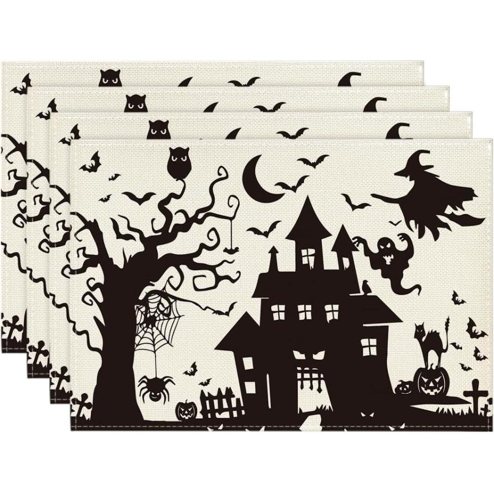 imageArtoid Mode Black White Spooky Haunted House Tree Ghost Witch Halloween Placemats Set of 4 12x18 Inch Seasonal Fall Holiday Table Mats for Party Kitchen Dining DecorationBeige