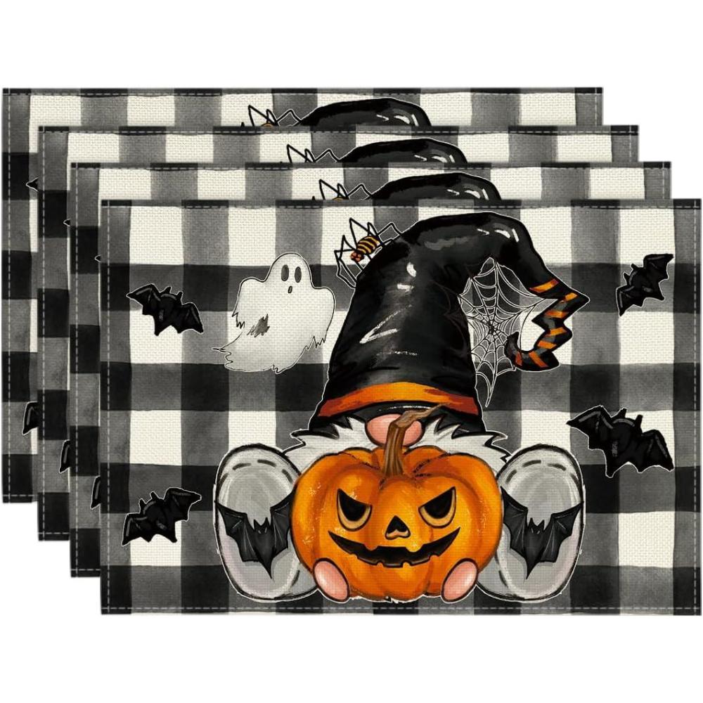 imageArtoid Mode Buffalo Plaid Gnome Pumpkin Bats Halloween Placemats Set of 4 12x18 Inch Seasonal Table Mats for Party Kitchen Dining DecorationBlackBeige